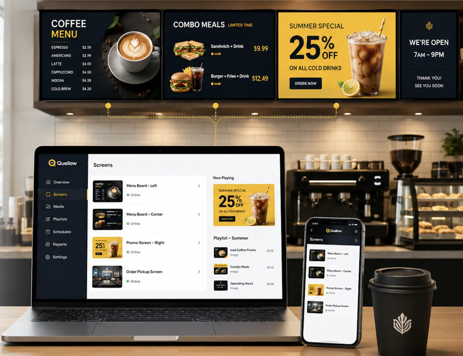 Quellow display boards: synchronized digital menu screens above a coffee counter, managed from the dashboard on a laptop and phone.